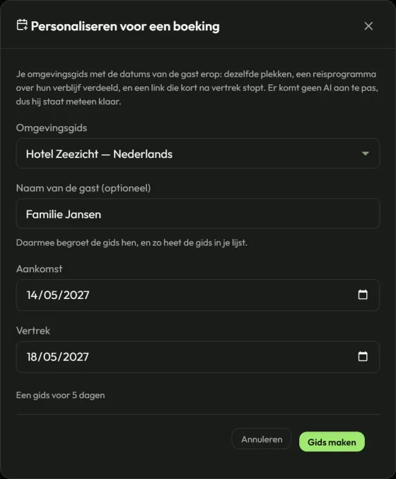 Het venster om de omgevingsgids voor één boeking te personaliseren, met de naam van de gast en de aankomst- en vertrekdatum ingevuld.